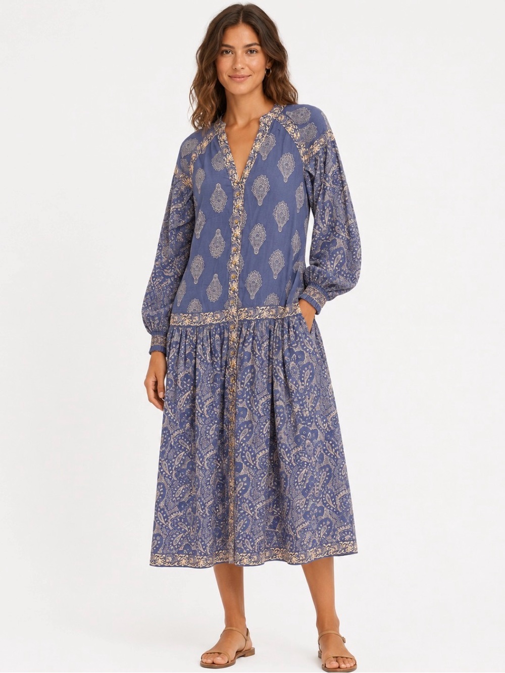 Miss June Paris Blue Paisley 100% Cotton Boho Midi Dress Button Front L/XL